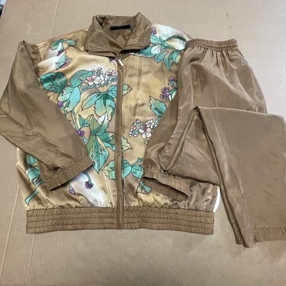 Vintage 90s Mureli 100% Silk 2pc Tracksuit Set Floral Gold Bomber Jacket Pants S